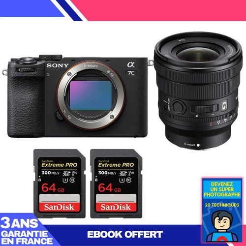 Boitier Sony A7C II Noir + FE PZ 16-35mm f/4 G + 2 SanDisk 64GB Extreme PRO UHS-II SDXC 300 MB/s + Ebook 'Devenez Un Super Photographe'