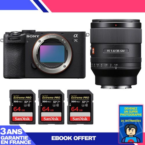 Boitier Sony A7C II Noir + FE 35mm f/1.4 GM + 3 SanDisk 64GB Extreme PRO UHS-II SDXC 300 MB/s + Ebook 'Devenez Un Super Photographe'