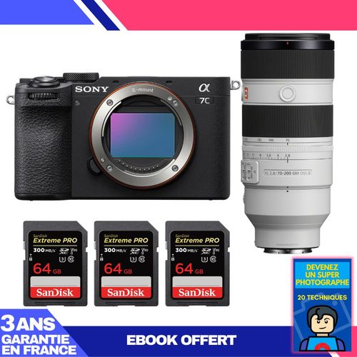 Boitier Sony A7C II Noir + FE 70-200mm f/2.8 GM OSS II + 3 SanDisk 64GB Extreme PRO UHS-II SDXC 300 MB/s + Ebook 'Devenez Un Super Photographe'
