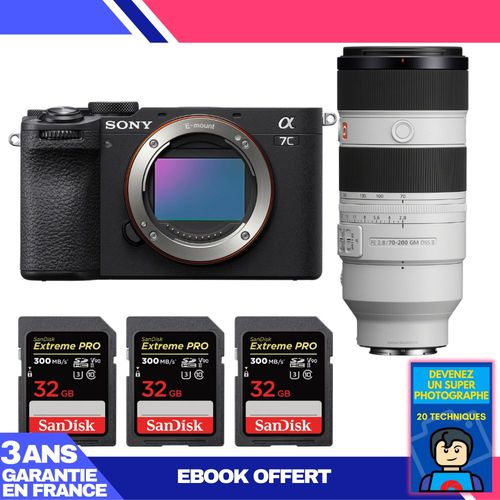 Boitier Sony A7C II Noir + FE 70-200mm f/2.8 GM OSS II + 3 SanDisk 32GB Extreme PRO UHS-II SDXC 300 MB/s + Ebook 'Devenez Un Super Photographe'