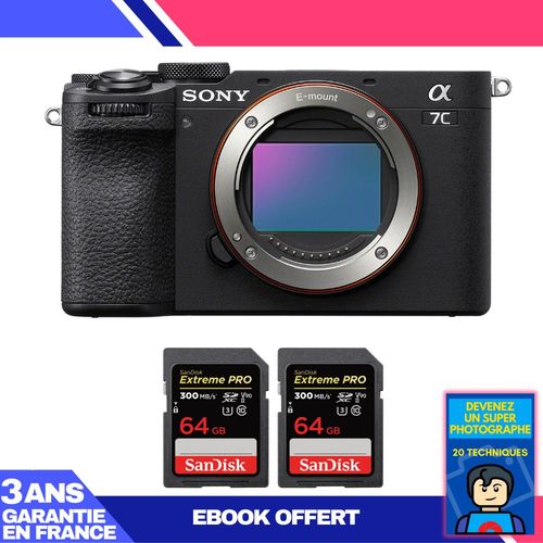 Boitier Sony A7C II Noir + 2 SanDisk 64GB Extreme PRO UHS-II SDXC 300 MB/s + Ebook 'Devenez Un Super Photographe'