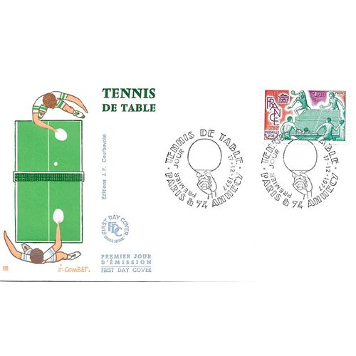 France 1977, Très Belle Enveloppe 1er Jour État Neuf, Timbre Yvert 1961, Tennis De Table, Championnat De France À Annecy, Cachet De Paris Et Annecy.