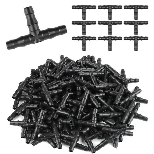 200 raccords cannelés universels en T 1/4"" pour irrigation goutte à goutte, connecteurs cannelés 1/4"" pour système d'arrosage goutte à goutte avec tube de 4 mm/7 mm