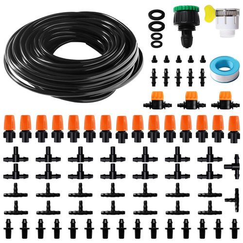 81 Pièces 4/7 mm Kit d'irrigation Goutte, 15m Tuyau d'irrigation, Systeme Irrigation, avec Raccords Cannelés Droits, Connecteurs en T, Bouchons d'extrémité, pour Jardin, Plantes