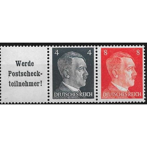 Allemagne, 3ème Reich 1941 / 43, Très Beau Mini-Bloc 2 Timbres Neufs** Luxe Yvert 707 710, Chancelier Hitler 4pf Bleu Ardoise Et 8pf. Orange Avec Vignette Pour Promouvoir L'Usage Des Chèques Postaux.
