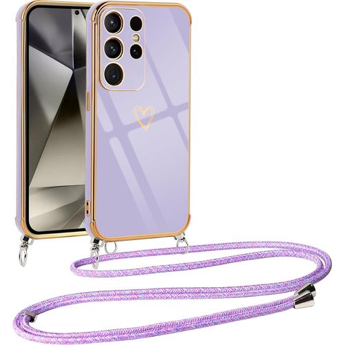 Coque Pour Samsung Galaxy S25 Ultra 5g Avec Cordon De Collier, Galvanisé Etui Housse Avec Motif Coeur D'amour, Antichoc Anti-Rayures Case Avec Bandoulière Pour Samsung S25 Ultra 6.8"", Violet
