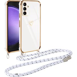 Coque Pour Samsung Galaxy S23 Fe 5g Avec Cordon De Collier, Galvanisé Etui Housse Avec Motif Coeur D'amour, Antichoc Anti-Rayures Case Avec Bandoulière Pour Samsung S23 Fe 5g 6.4"", Blanc