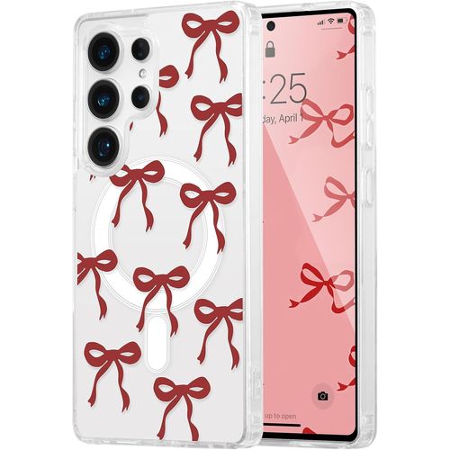 Coque Magnétique Pour Samsung Galaxy S25 Ultra 5g Transparent Étui Housse De Téléphone En Motif De Papillon Case Avec Recharge Sans Fil, Antichoc Bumper Cover Pour Filles Femme, Vin Rouge