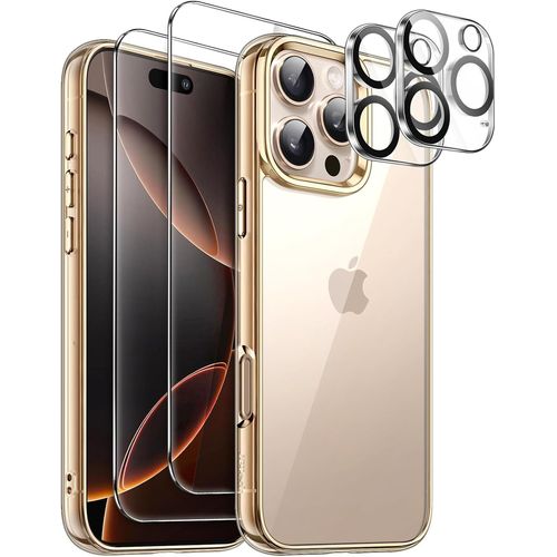 Coque 5 En 1 Pour Iphone 16 Pro 6,3 Pouces Avec 2 Protection D'écran En Verre Trempé Et 2 Protecteur D'objectif Caméra, Étui Housse Antichoc Anti-Jaunissement (Titane Sable)
