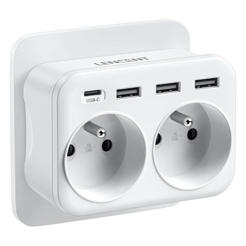 TRAHOO-Prise USB Secteur Chargeur, Multiprise Murale 6 en 1 avec 2 Sorties AC,1 Type C et 3 USB Multiprise duex Prise Françaises pour Chambre Cuisine Bureau