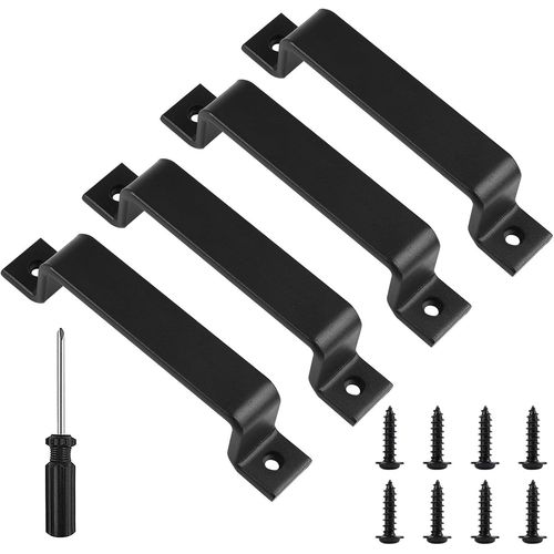 TRAHOO-Poignée de porte de grange, Poignée de porte coulissante, Poignée en acier noir, mate deux côtés, Poignée de meuble pour tiroirs, armoires et penderies, robuste et facile à utiliser,Lot de 4