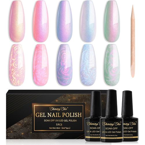 Trahoo-Vernis Semi Permanent Nacr¿¿, 5 Couleurs Rose Violet Cyan Scintillant Perle Effet Gel Uv Semi Permanent Soak Off Uv/Led Vernis ¿¿ Ongles Pour Salon De Manucure Diy Home, 8ml 