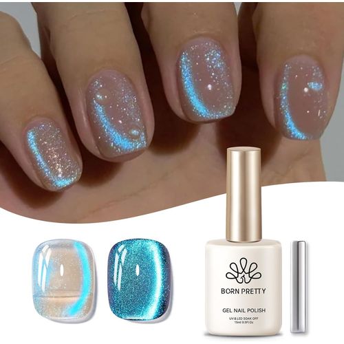Trahoo-Born Pretty Vernis ¿¿ Ongles Gels Semi-Permanents Magn¿¿Tique, Bleu Holographique Paillet¿¿ Cat Magnetic Eye Gel U V Brillant Scintillant Auroras Vernis ¿¿ Ongles Gel 15ml 