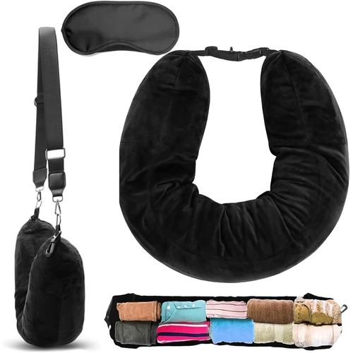 Trahoo-Coussin Tour De Cou Voyage Avion Coussin De Voyage Oreiller De Voyage A Remplir De Vetement Oreiller Cervical De Voyage Multifonctionnel En Forme De U Avec Cache-?Il Pour Voyager En Avion En V
