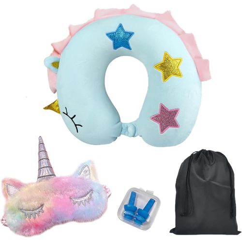 Trahoo-Coussin De Voyage Avion Voiture Avec Masque Bouchon D'oreille Oreiller Repose Tete Avec Trou Kit Oreiller Memoire De Forme Adulte Motif Animaux Coussin Licorne 30x30,Bleu