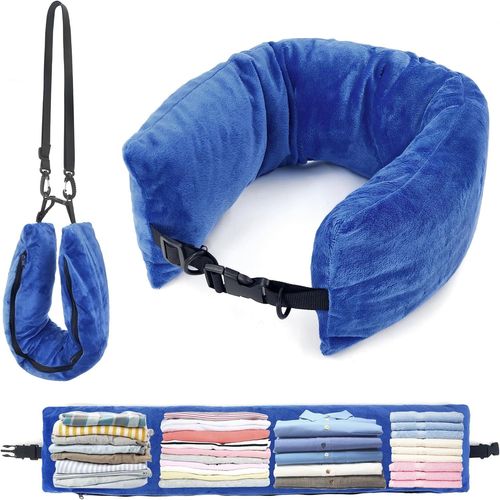 Trahoo-Oreiller De Voyage A Remplir De Vetement Coussin De Voyage Avion Portable Multifonction Oreiller Cervical Remplissable Avec Bandoulière Réglable Pour Avion, Train, Voiture (Bleu Foncé)
