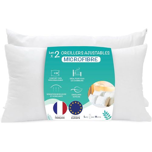 Trahoo-Oreiller 40x60 Lot De 2, Enveloppe Soyeuse Microfibre, Garnissage Fibre Creuse Siliconée, Ajustable En Hauteur, Marque Française, Fabriqué Ue (Microfibre, 40_X_60_Cm)