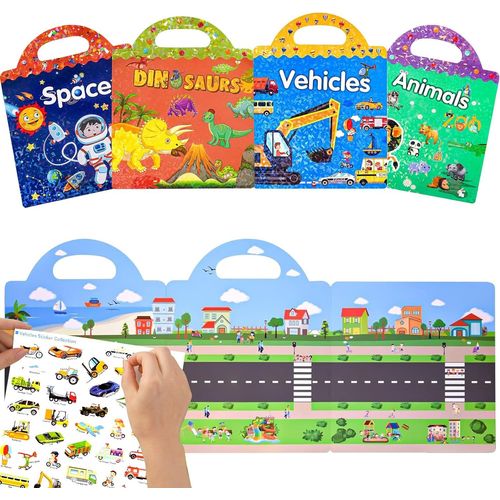 Trahoo-Livre D'autocollants Imperméables Réutilisables Pour Enfants - Lot De 4, Garçons De 3 À 6 Ans, Filles, Tout-Petits, Autocollants D'animaux, Dinosaures De L'espace, Jouets D'apprentissage Éduca