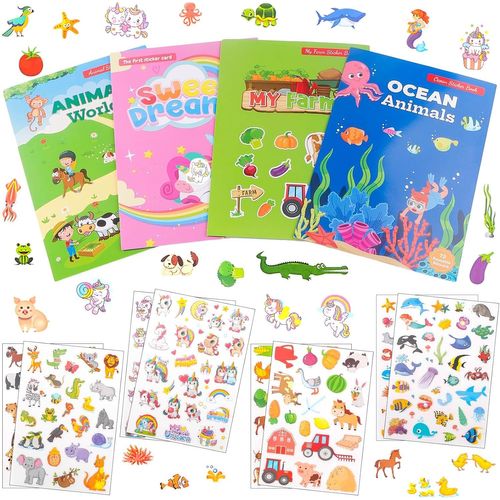 TRAHOO-4 pièces Livre Autocollant Réutilisable Livre de Gommettes Ferme Licorne Animaux Marins Faune - Carnet d'Autocollants Enfant Jeux Educatif pour Enfants de 3 Ans et Plus Filles Garçons