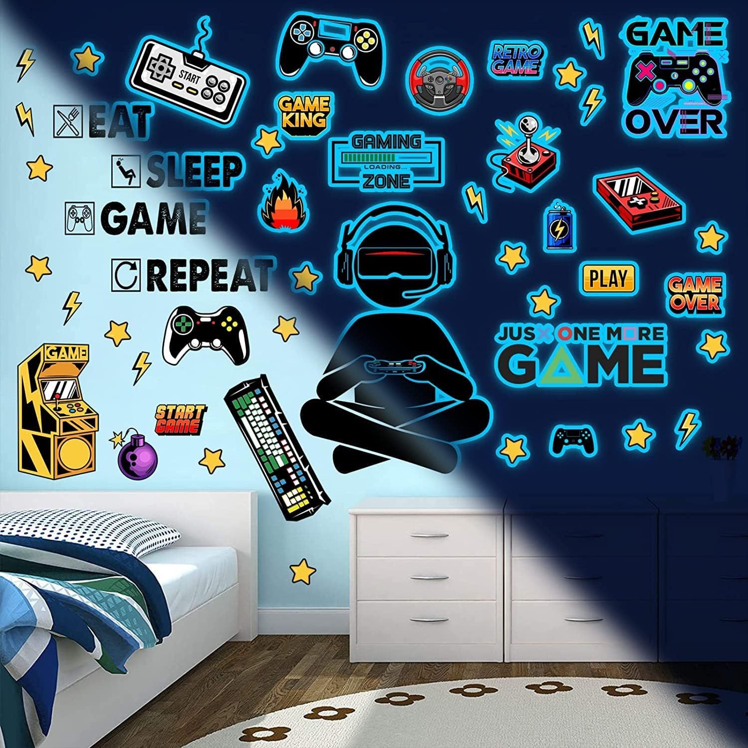 Trahoo-Stickers Muraux Enfant Gaming Lumineux Autocollant Muraux Lumineux Jeux Video Amovible Autocollant Pour Gamer Enfant Garçons Chambres Game Zone Décoration Bleu