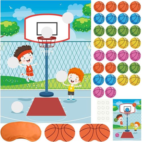 TRAHOO-Jeu de fête Basket-Ball Pin The Basketball on The Hoop Jeu fête Anniversaire Enfants Grande Affiche Basket-Ball Autocollants Basket-Ball activités Classe garçon Fille Décorations Anniversaire