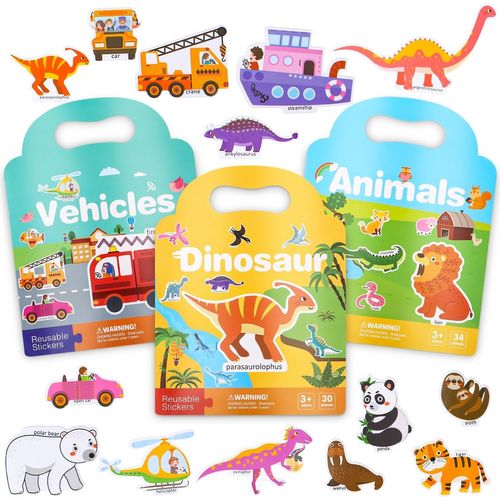 Trahoo-Lot De 3 Livres D'autocollants Imperméables Réutilisables, 3 À 6 Ans Kinder, Reutilisable Activite Enfant Autocollant Avec Pliable Panorama, Véhicules, Animaux, Dinosaures,Jouets Éducatifs