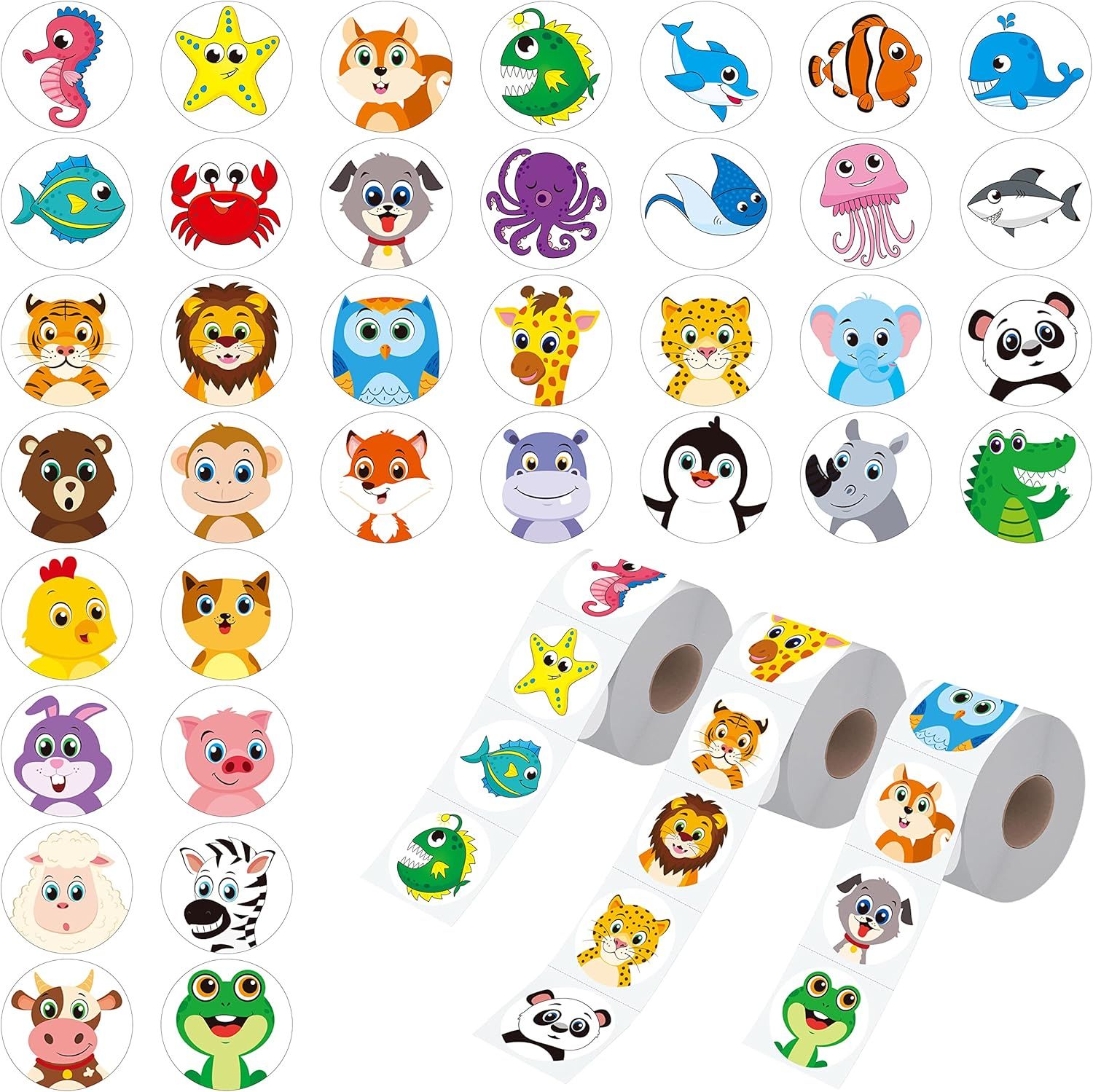 Trahoo-1800 Pcs Autocollants Animaux Ronds, 36 Dessins Animaux Sauvages/Fermes/Marins Autocollants De Récompense De Professeur De Dessin Animé Pour Enfants, Autocollant De Décoration De Fête Pour Éco