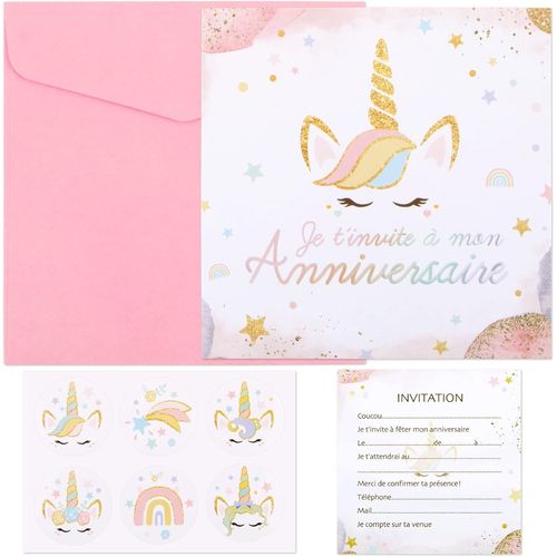 Trahoo-6pcs Licorne Carte Invitation Anniversaire Fille Et 6pcs Enveloppes Roses Et 6pcs Licorne Stickers Autocollant Correspondance Kits Invitation Anniversaireen Français Pour Enfants Garçons Fille