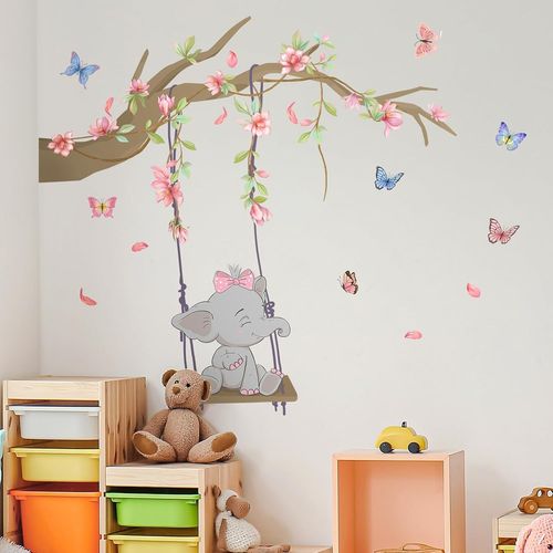 TRAHOO-Stickers Muraux Dessin Animé Balançoire Eléphants Autocollants Muraux Rose Fleurs Sticker Mural Amovible Deco Stickers pour Chambre de Bébé Pépinière D'enfant Le Salon Décoration Murale