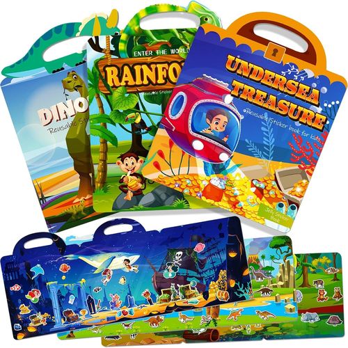 TRAHOO-Goddrer Livre d'autocollants 3 Pcs Gommettes Garçon Enfants 1-8 Ans Dinosaure Fond Marin Forêt Tropicale Animal Jeux éducatifs Pliable Panorama Illustré Autocollant Idees Cadeaux Fille