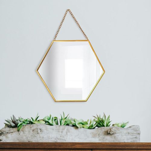 Trahoo-Greyzouq Miroir Mural Hexagonal À Suspendre De 24 Cm ¿ Cadre En Métal Doré Avec Chaîne ¿ Décoration D'intérieur Moderne ¿ Parfait Pour Le Salon, Le Couloir, La Salle De Bain Ou La Chambre À Co