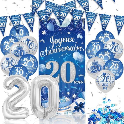 TRAHOO-Français Décorations Anniversaire 20 ans pour Garçon Homme Bleu Argenté, Joyeux Anniversaire 20 ans Bannière Banderoles, Anniversaire 20 ans Ballons en Foil Latex de Anniversaire 20 ans Confet