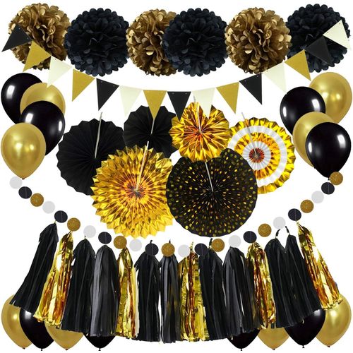 TRAHOO-Fournitures de fête de la Saint-Sylvestre, Fans de Papier à Suspendre Noir et Or Pom Poms Fleurs Guirlande de Glands Triangle Bunting Drapeaux et Ballons pour la fête de Remise des diplômes