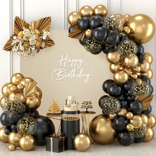 TRAHOO-Kit Arche Ballon Noir Or, 110 Pièces Noirs Dorés Ballons Guirlande avec Ballons Confetti Dorés pour Fête Prénatale, Deco Anniversaire, Baby Shower, Mariage, Diplômé, Retraite Feste