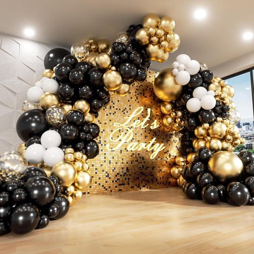 TRAHOO-Kit d'arche de ballons noirs et dorés, 133 pièces avec ballons noirs et dorés, ballons confettis dorés pour décoration de fête d'anniversaire, remise de diplôme, Nouvel An, retraite