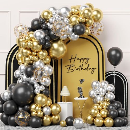 TRAHOO-Arche Ballon Anniversaire Noir et Or,100 Pièces Noir Doré Argenté Ballons Guirlande,Noir Ballons Guirlande pour Hommes Fête Anniversaire,Remise de Diplôme,Mariage,Nouvel An 2024,Réveillon du N