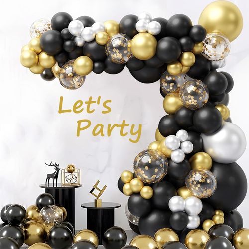 TRAHOO-Arche Ballon Anniversaire Or Noir, 93 Pièces Noir Doré Argenté Ballons Guirlande,Noir Doré Ballons Guirlande pour Fête Anniversaire,Mariage,Bébé Douche,Diplôme,Nouvel An,Réveillon du Nouvel An