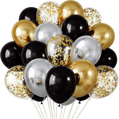 TRAHOO-Ballons Anniversaire Noir Or Argent, 56pcs 12 pouces Ballons Noir Argent Or avec Ballon Confetti Doré pour Fête Décoration Anniversaire Retraite Nouvel An Remise de Diplôme Mariage Fiançailles