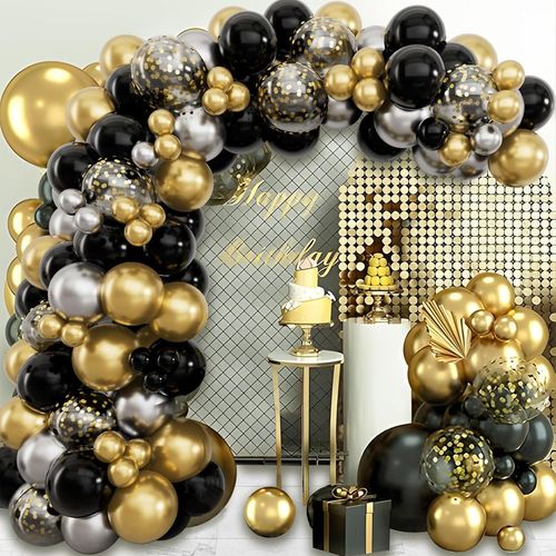 TRAHOO-Arche Ballon Anniversaire Noir Or Argent, 102pcs Kit Guirlande Ballon Noir Or Argent avec Ballon Confetti Doré, Décoration Anniversaire Noir Doré Argent pour Fête Retraite Nouvel An Diplôme Ma