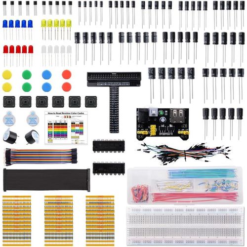 Electronics Component Fun Kit with Power Supply Module,Breadboard,T-Type GPIO Extension Module,Jumper Wires,LED,Compatible with Arduino,Raspberry Pi,STM32,Orange Pi,Banana Pi,Rock Pi