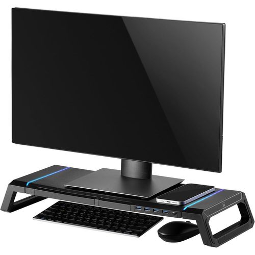 Support de Moniteur RGB,Réhausseur d'Écran,Support de Moniteur Pré-Montage Ajustable,avec Tiroir de Rangement et Support de Téléphone + 4 ports USB en Façade,pour PC/Laptop/iMac/TV,Noir