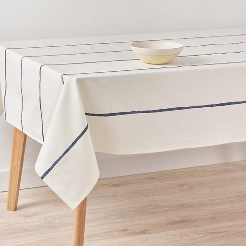 Nappe En Tissu En Coton Blanche À Rayures Bleues 100x155 Cm