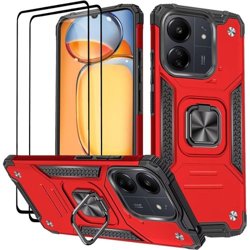 Coque Pour Xiaomi Redmi 13c/Poco C65,Verre Trempé [2 Pièces] + Housse Tpu Silicone Rotation 360° Aimant Anneau Support Double Défense Protection Etui-Rouge