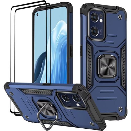 Coque Pour Oppo Find X5 Lite,Verre Trempé [2 Pièces] + Housse Tpu Silicone Rotation 360° Aimant Anneau Support Double Défense Protection Etui-Bleu