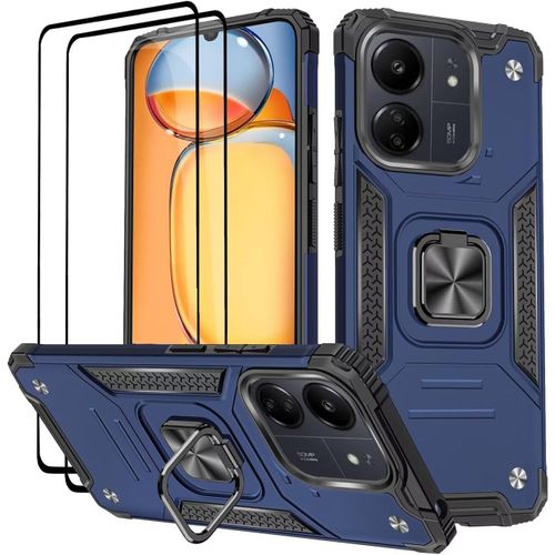 Coque Pour Xiaomi Redmi 13c/Poco C65,Verre Trempé [2 Pièces] + Housse Tpu Silicone Rotation 360° Aimant Anneau Support Double Défense Protection Etui-Bleu