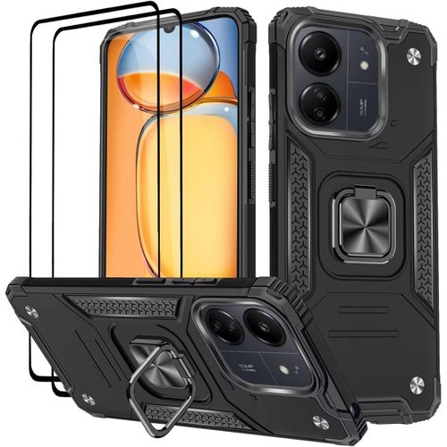 Coque Pour Xiaomi Redmi 13c/Poco C65,Verre Trempé [2 Pièces] + Housse Tpu Silicone Rotation 360° Aimant Anneau Support Double Défense Protection Etui-Noir