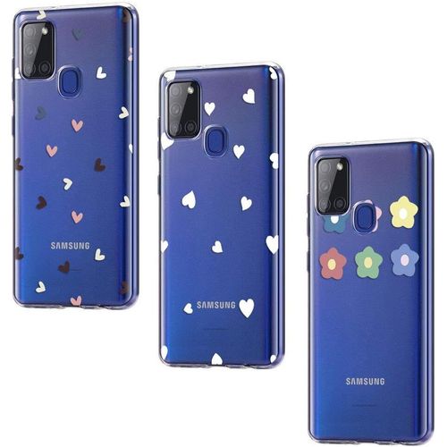 Coque Samsung Galaxy A21s,Coque En Silicone Tpu Ultra-Mince Souple Transparent Avec Une Adhérence Parfaite Donne À La Protection Corps Un Etui De Téléphone Souple,Coeurs Et Fleurs