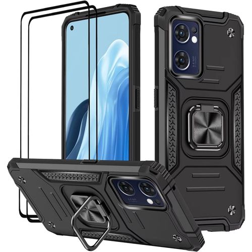 Coque Pour Oppo Find X5 Lite,Verre Trempé [2 Pièces] + Housse Tpu Silicone Rotation 360° Aimant Anneau Support Double Défense Protection Etui-Noir