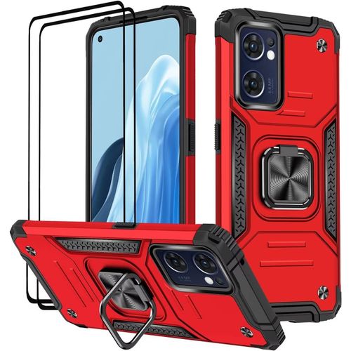 Coque Pour Oppo Find X5 Lite,Verre Trempé [2 Pièces] + Housse Tpu Silicone Rotation 360° Aimant Anneau Support Double Défense Protection Etui-Rouge
