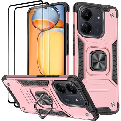 Coque Pour Xiaomi Redmi 13c/Poco C65,Verre Trempé [2 Pièces] + Housse Tpu Silicone Rotation 360° Aimant Anneau Support Double Défense Protection Etui-Or Rose
